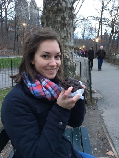 Enjoying a levain cookie in Central park!