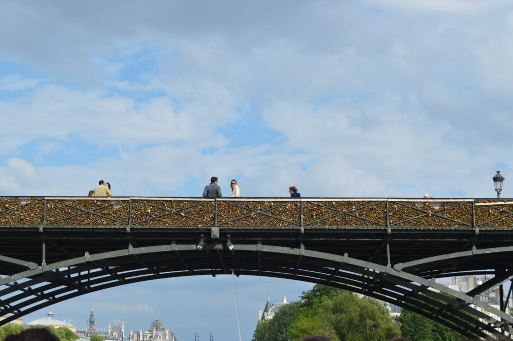 View of Love lock bridge from the river Seine 